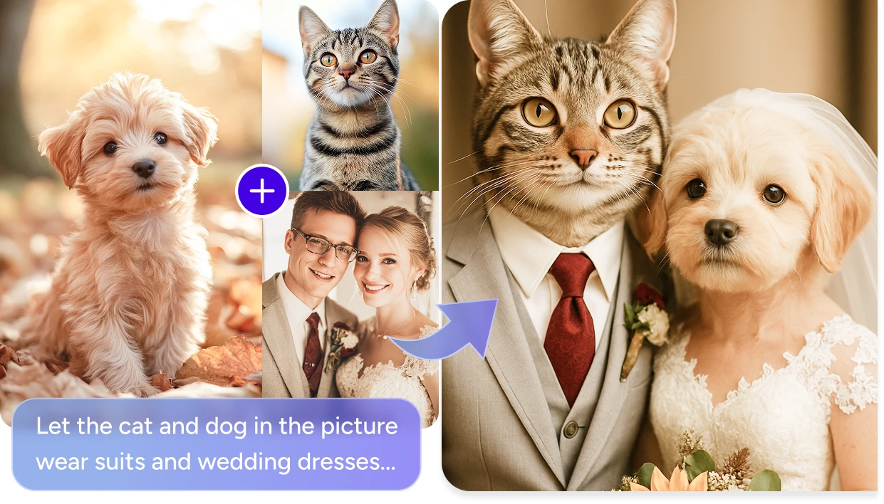 generate a wedding photo of pets by remixing photos of a cat, a dog and a couple